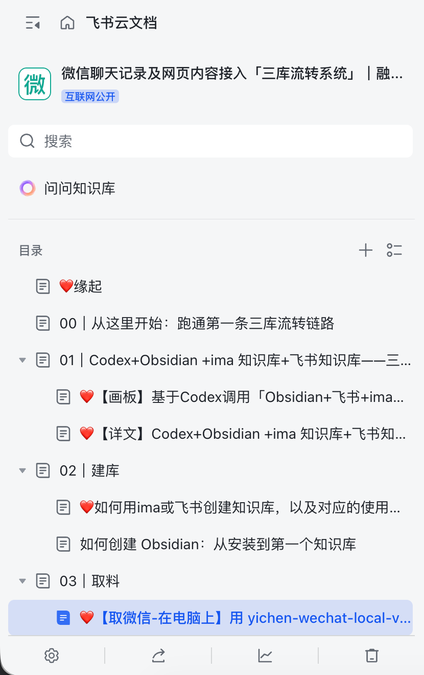 从「读取微信聊天记录」到「用 Codex 把IMA、Obsidian、飞书串成一条流转的内容系统」 配图1